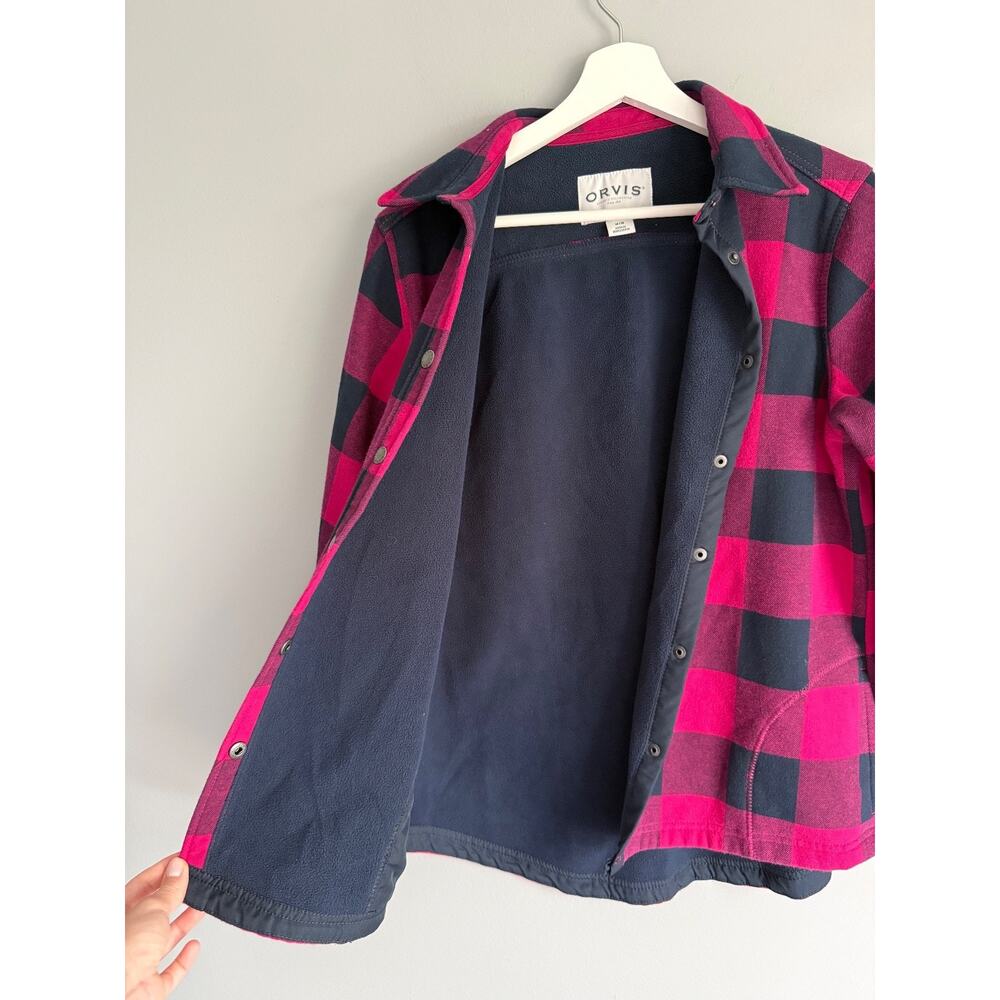 Orvis Women's M Flannel Shacket Pink Navy Buffalo Plaid Fleece Lined Snap - Picture 7 of 9